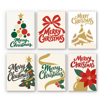Simple Cream Merry Christmas mini paint by numbers – Cream cards lettered Merry Christmas in red, green and gold beside a dot tree, bow, gold trees, ribbon and poinsettia