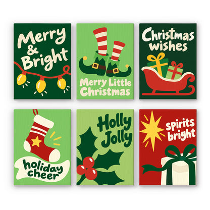 Lime Green Elf Legs and Sleigh mini paint by numbers – Lime, green and red cards with string lights, elf legs, a sleigh, stocking, holly and a gift under playful script