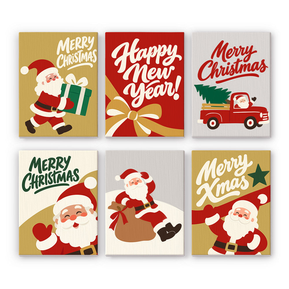 Gold and Red Santa Dash mini paint by numbers – Santa running with a gift, driving a red truck, waving and hauling a sack, with Happy New Year and Merry Xmas script