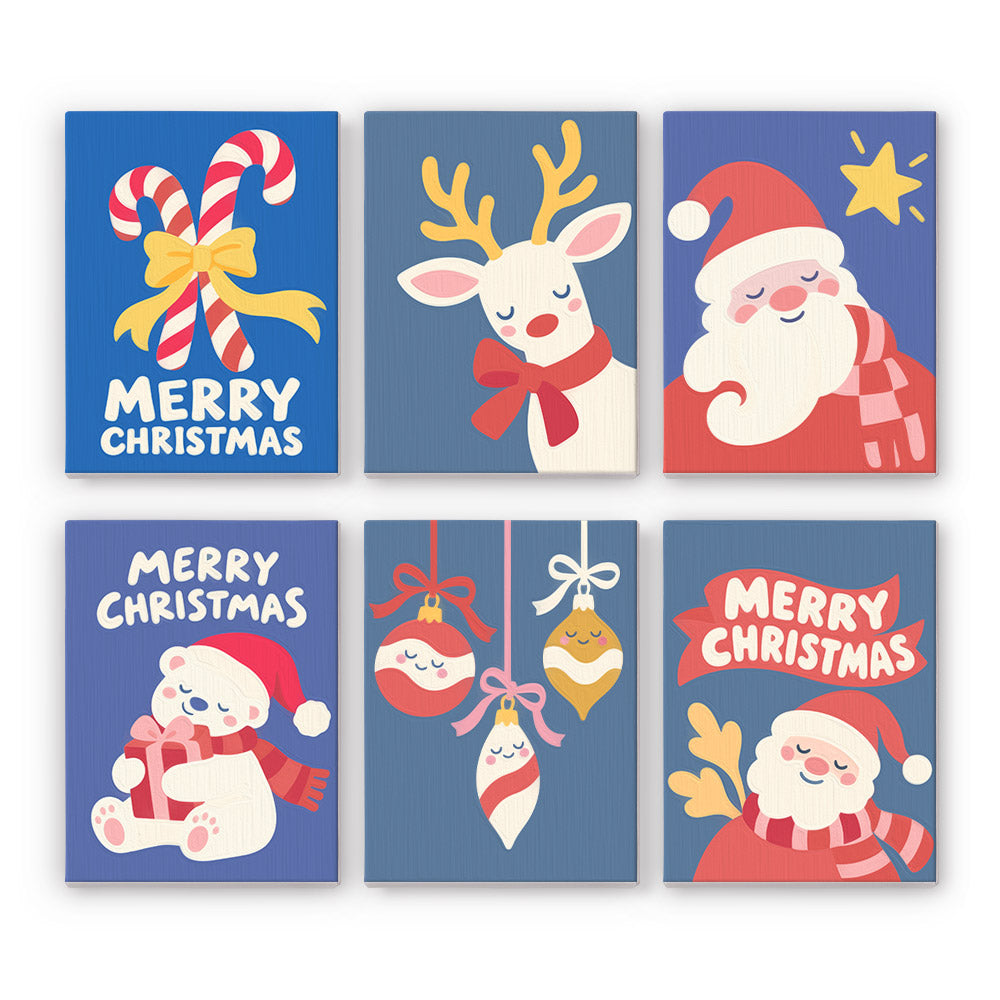 Periwinkle Santa and Polar Bear mini paint by numbers – Periwinkle blue cards with candy canes, a white reindeer, Santa, a polar bear with a gift and hanging baubles