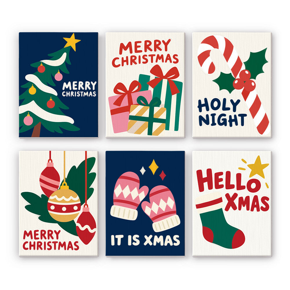 Hello Xmas Mittens and Candy Cane mini paint by numbers – Navy and cream cards: a tree, gifts, candy cane, baubles, pink mittens and stocking, lettered Holy Night, Hello Xmas