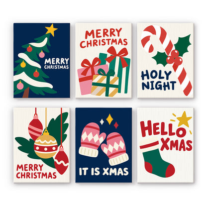 Hello Xmas Mittens and Candy Cane mini paint by numbers – Navy and cream cards: a tree, gifts, candy cane, baubles, pink mittens and stocking, lettered Holy Night, Hello Xmas