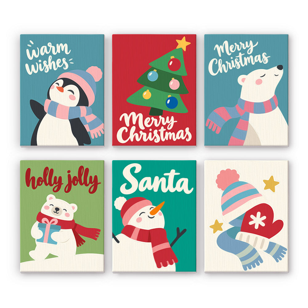 Warm Wishes Penguin and Polar Bear mini paint by numbers – Penguin, polar bears and a snowman in pink scarves, a tree and a hat with mitten, with Warm Wishes and Holly Jolly
