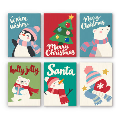 Warm Wishes Penguin and Polar Bear mini paint by numbers – Penguin, polar bears and a snowman in pink scarves, a tree and a hat with mitten, with Warm Wishes and Holly Jolly