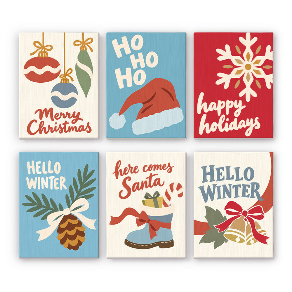 Hello Winter Pinecone and Bells mini paint by numbers – Dusty blue, red and cream cards with baubles, a Santa hat, snowflake, pinecone, a boot with gifts and bells