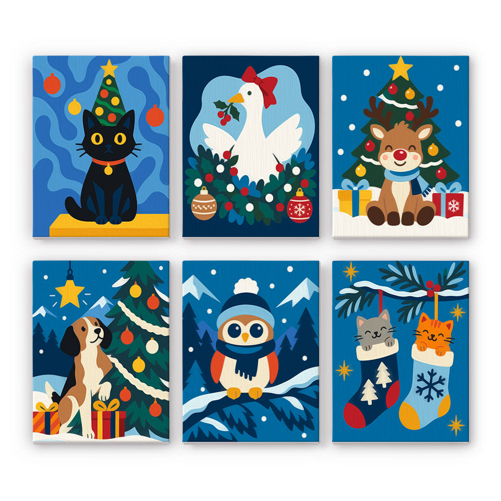 Midnight Navy Cat and Goose mini paint by numbers – Black cat, goose in a wreath, reindeer, beagle by the tree, owl in a beanie and stocking kittens on navy blue