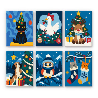 Midnight Navy Cat and Goose mini paint by numbers – Black cat, goose in a wreath, reindeer, beagle by the tree, owl in a beanie and stocking kittens on navy blue