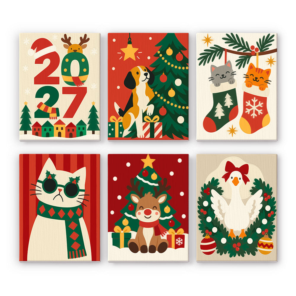 Crimson Goose and Cool White Cat mini paint by numbers – Antlered year numerals, beagle by the tree, stocking kittens, white cat in shades, reindeer and goose in a wreath