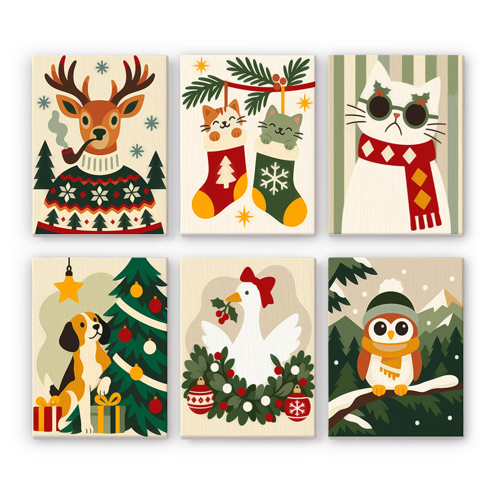 Fair Isle Reindeer and Kitties mini paint by numbers – Reindeer in a Fair Isle sweater, stocking kittens, white cat in shades, beagle, goose in a wreath and owl in a beanie