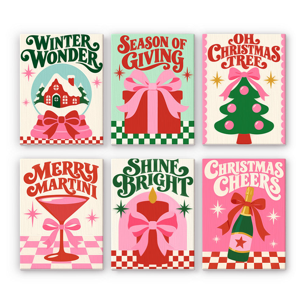 Merry Martini and Shine Bright mini paint by numbers – Pink retro sayings with snow globe, gift, tree, martini, candle and bubbly: Winter Wonder, Shine Bright and more