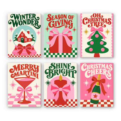 Merry Martini and Shine Bright mini paint by numbers – Pink retro sayings with snow globe, gift, tree, martini, candle and bubbly: Winter Wonder, Shine Bright and more