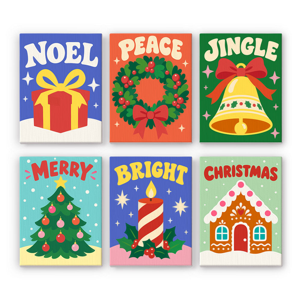 Noel, Peace and Jingle Lettering mini paint by numbers – Color-block cards lettered Noel, Peace, Jingle, Merry with a gift, wreath, bell, tree, candle and gingerbread house