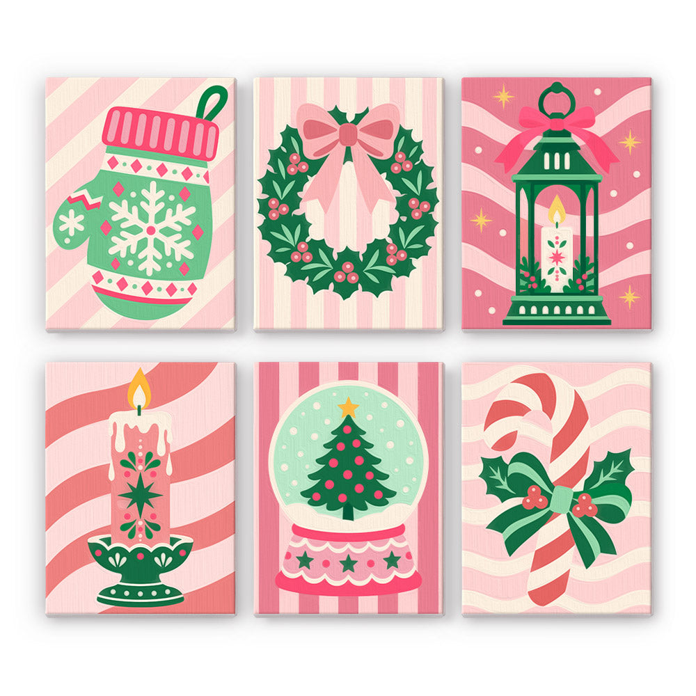 Pink Candy-Stripe Christmas mini paint by numbers – Mint and red mitten, wreath, lantern, candle, snow globe and candy cane on pink candy-striped backgrounds