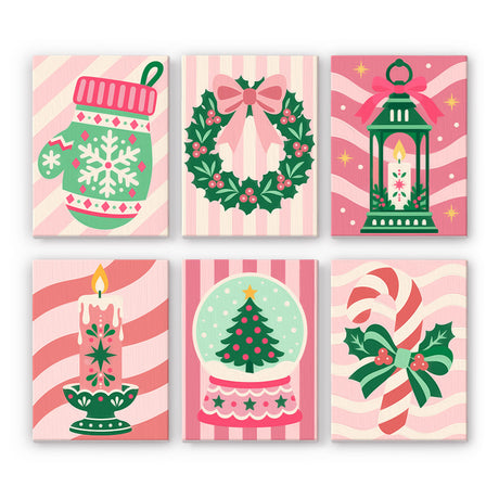 Pink Candy-Stripe Christmas mini paint by numbers – Mint and red mitten, wreath, lantern, candle, snow globe and candy cane on pink candy-striped backgrounds