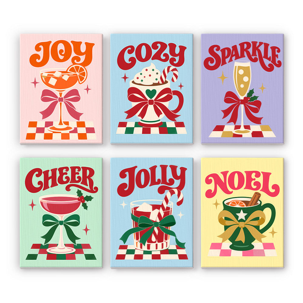 Bow-Tied Holiday Drinks and Cheer mini paint by numbers – Bow-tied cocktails, cocoa and bubbly on checkered tables with retro words Joy, Cozy, Cheer and Noel