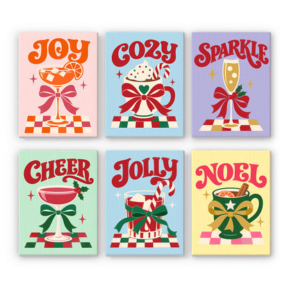 Bow-Tied Holiday Drinks and Cheer mini paint by numbers – Bow-tied cocktails, cocoa and bubbly on checkered tables with retro words Joy, Cozy, Cheer and Noel