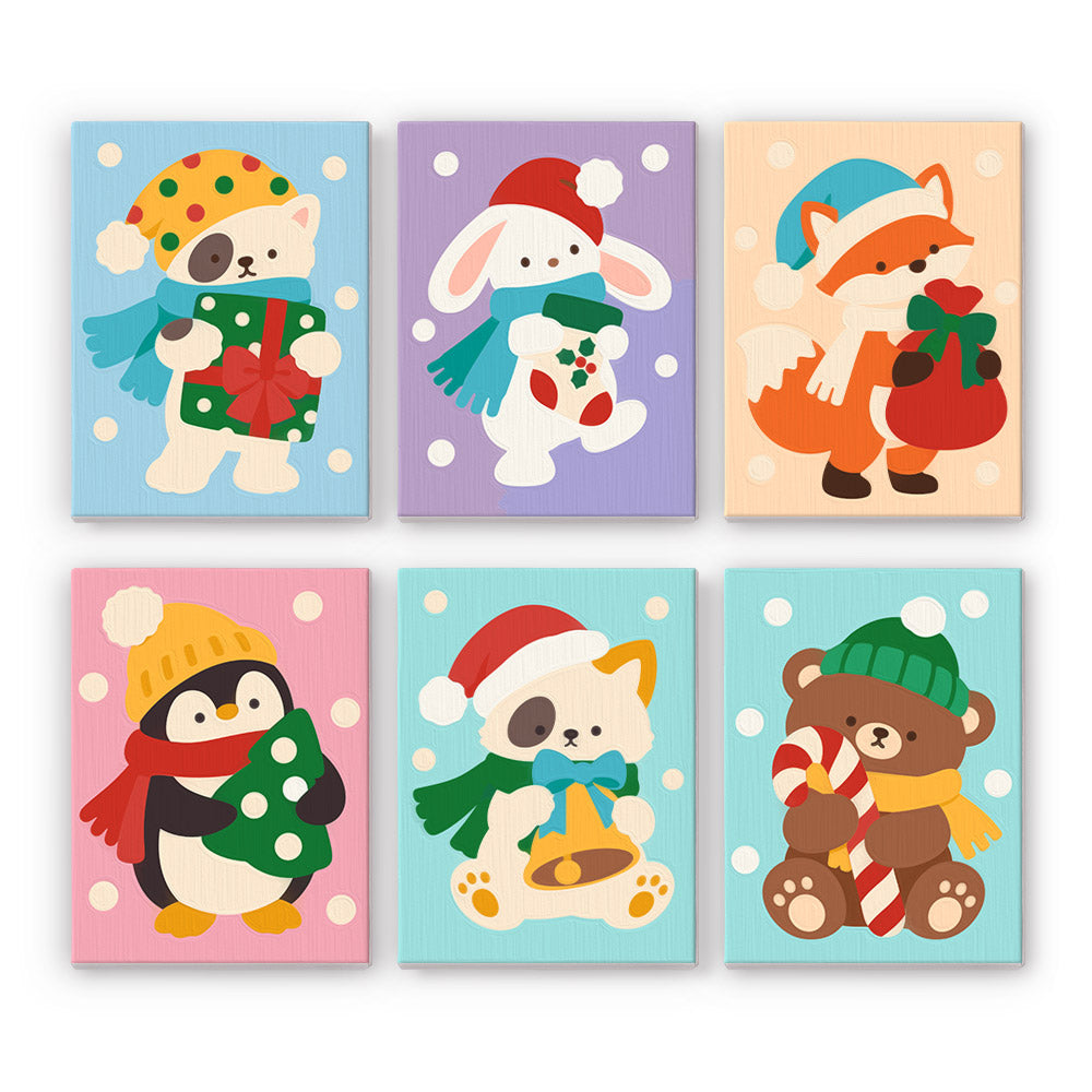 Scarf-Wrapped Bunny and Fox Pals mini paint by numbers – Puppy, bunny, fox, penguin, white pup and teddy bear in winter hats and scarves holding gifts on pastel backgrounds