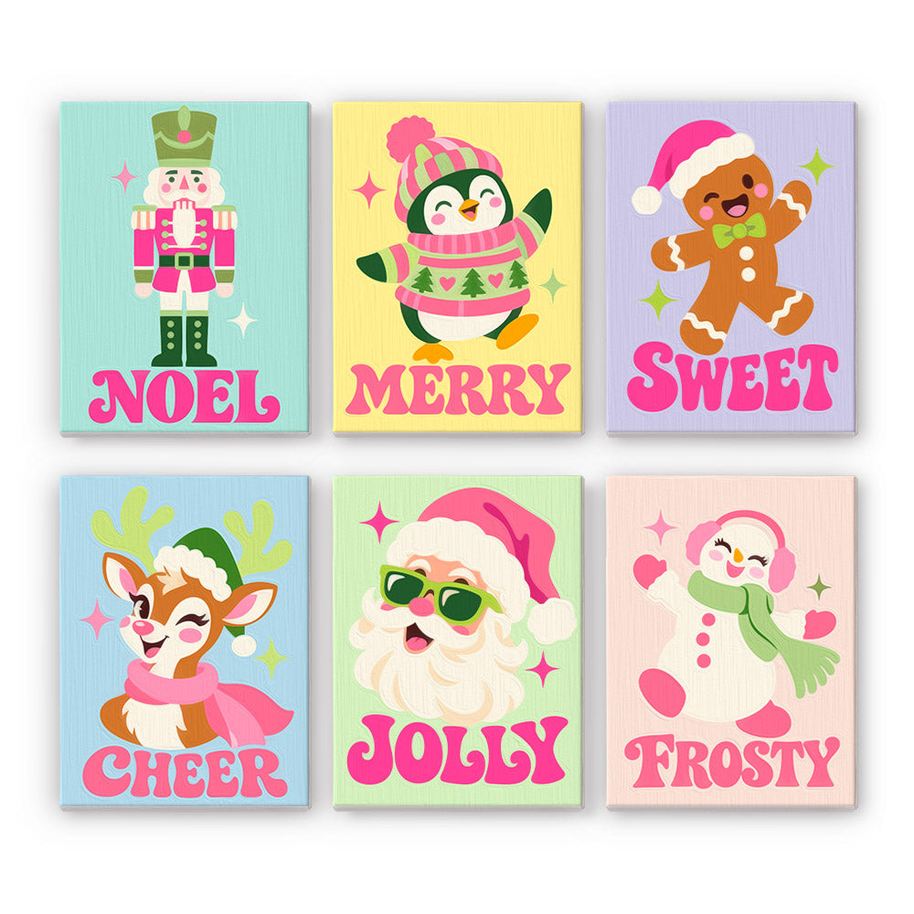 Hot Pink Jolly Santa and Friends mini paint by numbers – Nutcracker, penguin, gingerbread man, reindeer, Santa in sunglasses and snowman with hot pink words on pastels