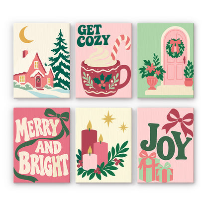 Rose Pink Merry and Bright mini paint by numbers – Pink snowy cottage, candy cane cocoa, wreathed pink door, candles and a gift with Get Cozy, Merry and Bright, Joy