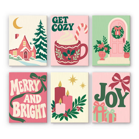 Rose Pink Merry and Bright mini paint by numbers – Pink snowy cottage, candy cane cocoa, wreathed pink door, candles and a gift with Get Cozy, Merry and Bright, Joy