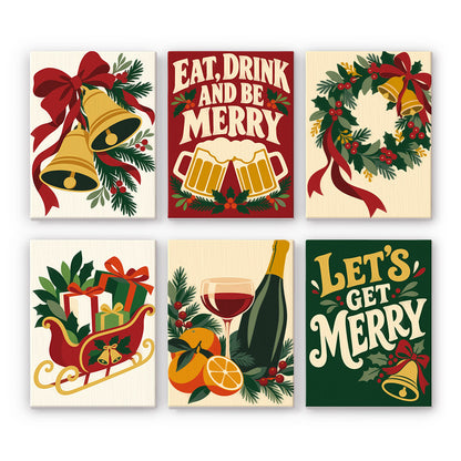 Eat, Drink and Be Merry Bells mini paint by numbers – Gold bells, beer mugs, a wreath, a gift-laden sleigh, wine with oranges and Let's Get Merry in red, green and cream