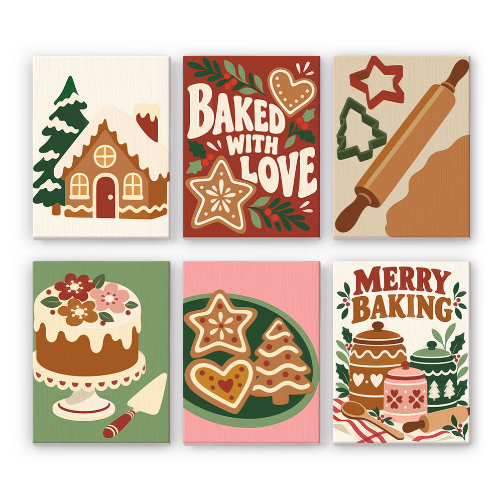 Baked with Love Gingerbread mini paint by numbers – Gingerbread house, cookies, a rolling pin with cutters, a frosted cake and jars with Baked with Love and Merry Baking