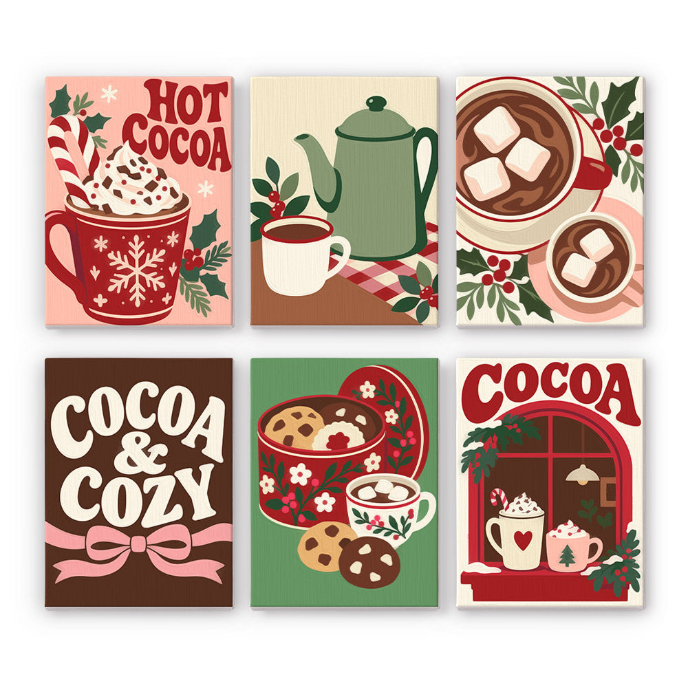 Cocoa and Cozy Marshmallow Mugs mini paint by numbers – Hot cocoa mugs with marshmallows, a green teapot, cookies and a cozy window, lettered Hot Cocoa and Cocoa & Cozy