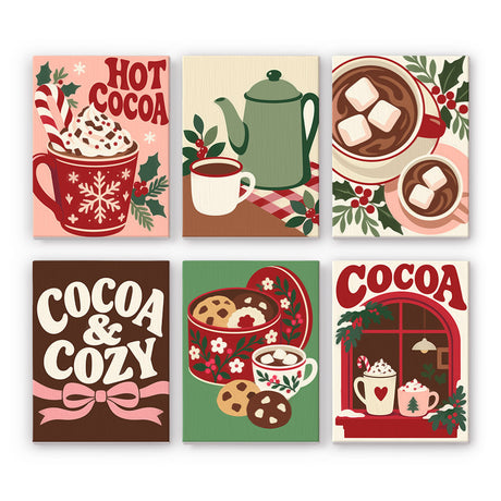 Cocoa and Cozy Marshmallow Mugs mini paint by numbers – Hot cocoa mugs with marshmallows, a green teapot, cookies and a cozy window, lettered Hot Cocoa and Cocoa & Cozy