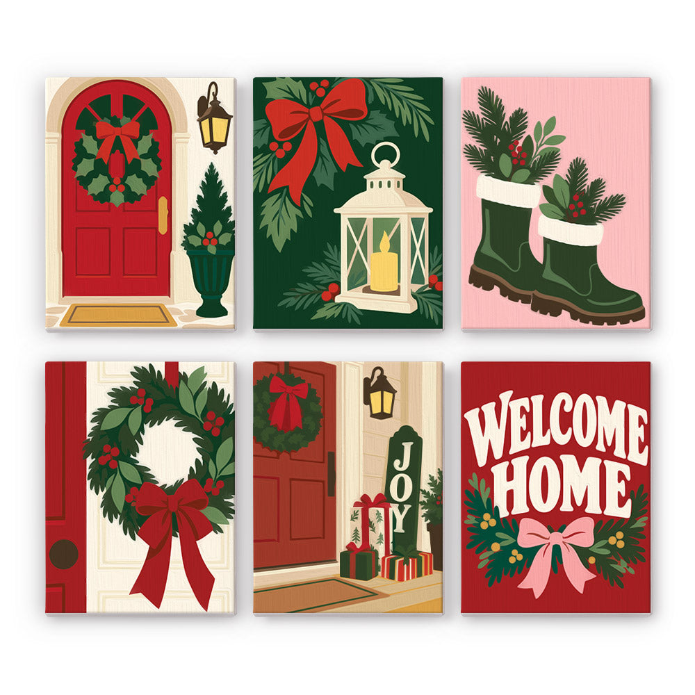 Wreathed Red Doors and Lanterns mini paint by numbers – Red front doors with wreaths, a lantern, green boots with pine and a Welcome Home sign in red and green