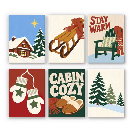 Stay Warm Cabin and Mittens mini paint by numbers – Snowy log cabin, wooden sled, Adirondack chair, star mittens, slippers and pines with Stay Warm and Cabin Cozy