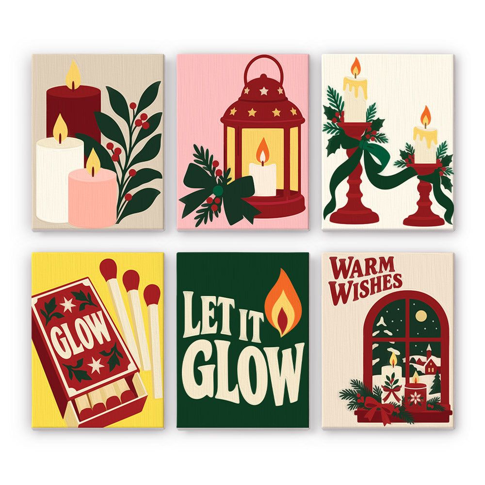Let It Glow Candles and Lanterns mini paint by numbers – Candles with holly, a red lantern, candlesticks, a matchbox and a frosted window with Let It Glow and Warm Wishes