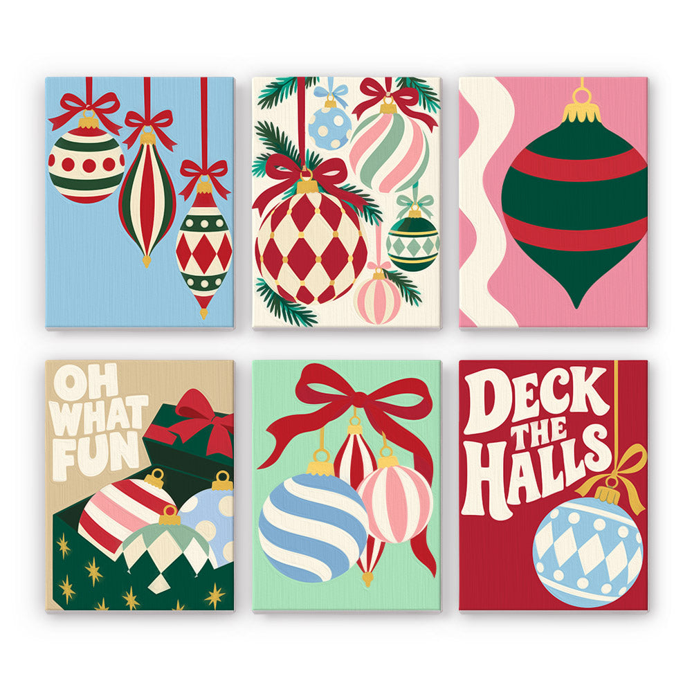 Deck the Halls Harlequin Baubles mini paint by numbers – Striped and harlequin baubles with red bows on blue, pink and mint, with Oh What Fun and Deck the Halls