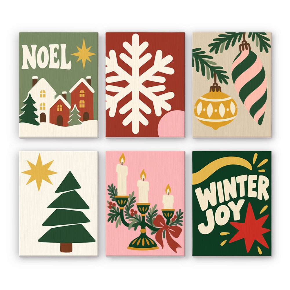 Winter Joy Snowflake and Candles mini paint by numbers – Nordic-style Noel houses, a big snowflake, ornaments, a pine with gold star, candles and Winter Joy in sage and red