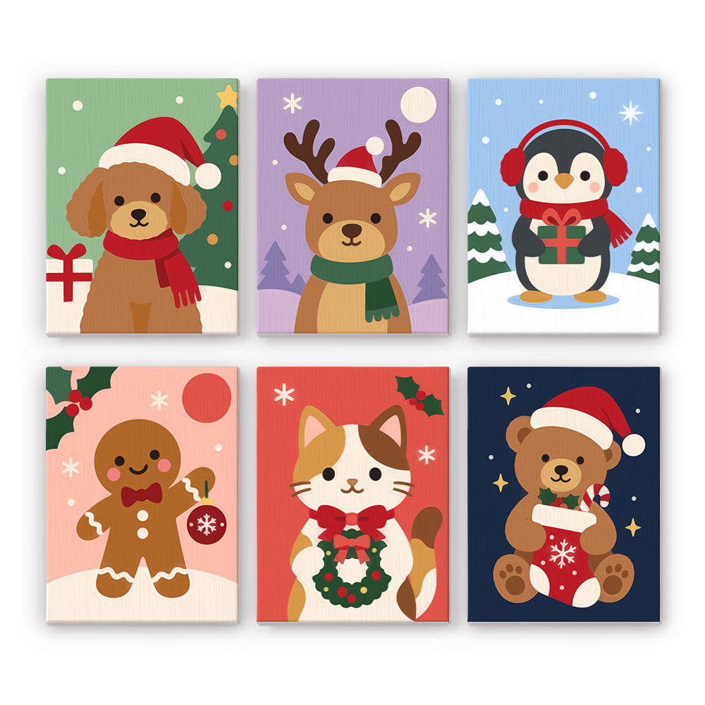 Santa Hat Puppy and Calico Cat mini paint by numbers – Puppy, reindeer, penguin in earmuffs, gingerbread man, calico cat with wreath and teddy bear in Santa hats