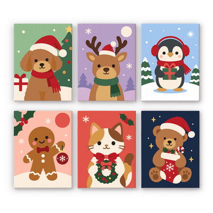 Santa Hat Puppy and Calico Cat mini paint by numbers – Puppy, reindeer, penguin in earmuffs, gingerbread man, calico cat with wreath and teddy bear in Santa hats