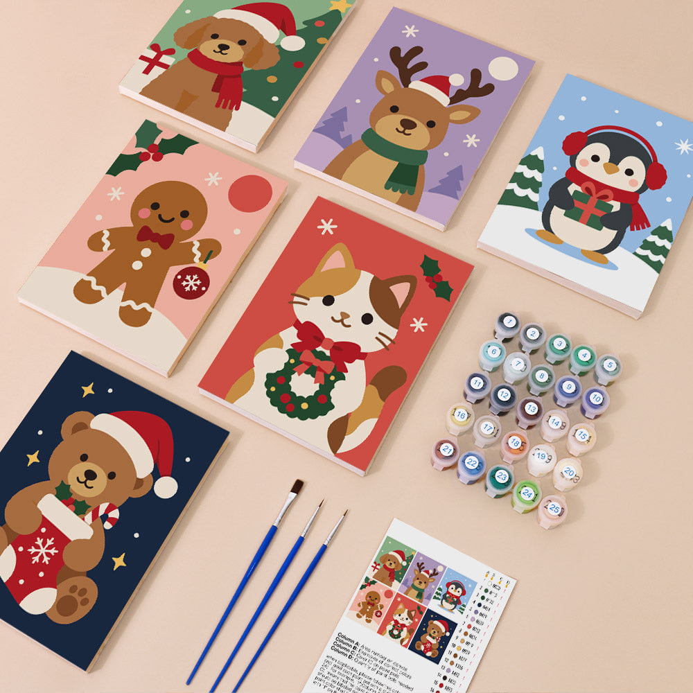 Santa Hat Puppy and Calico Cat (Mini Paint by Numbers)