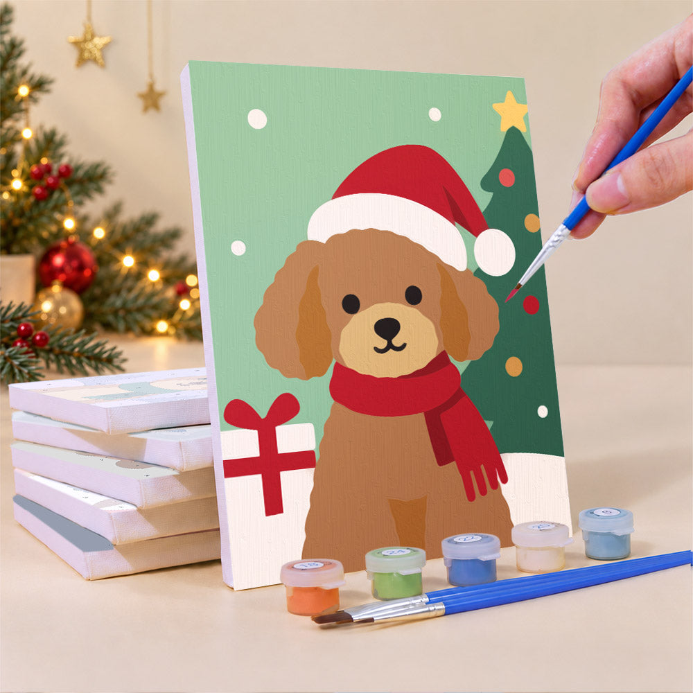 Santa Hat Puppy and Calico Cat (Mini Paint by Numbers)