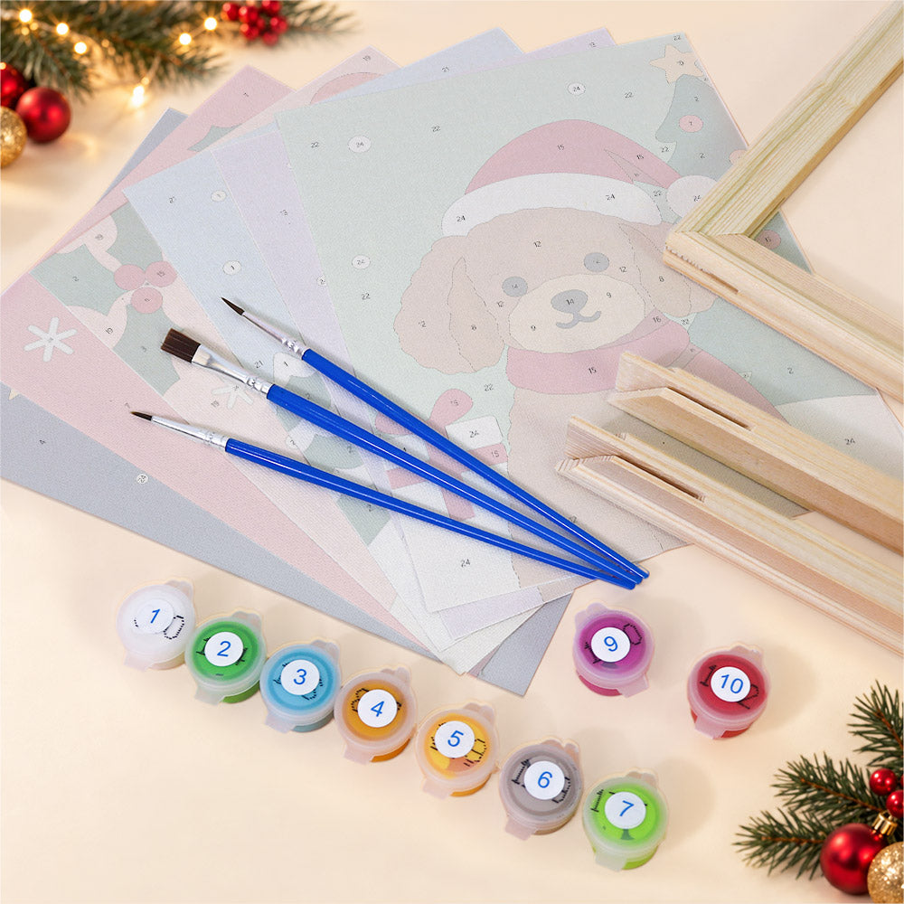 Santa Hat Puppy and Calico Cat (Mini Paint by Numbers)