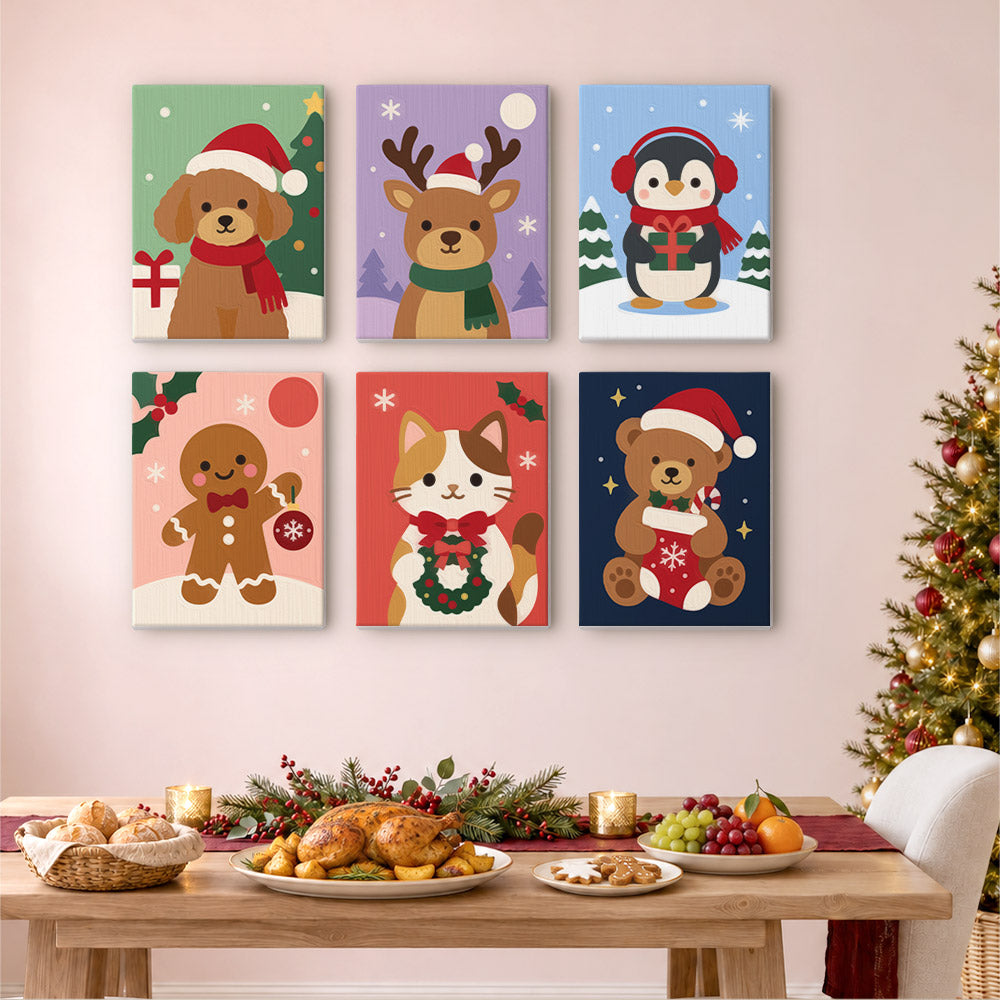 Santa Hat Puppy and Calico Cat (Mini Paint by Numbers)