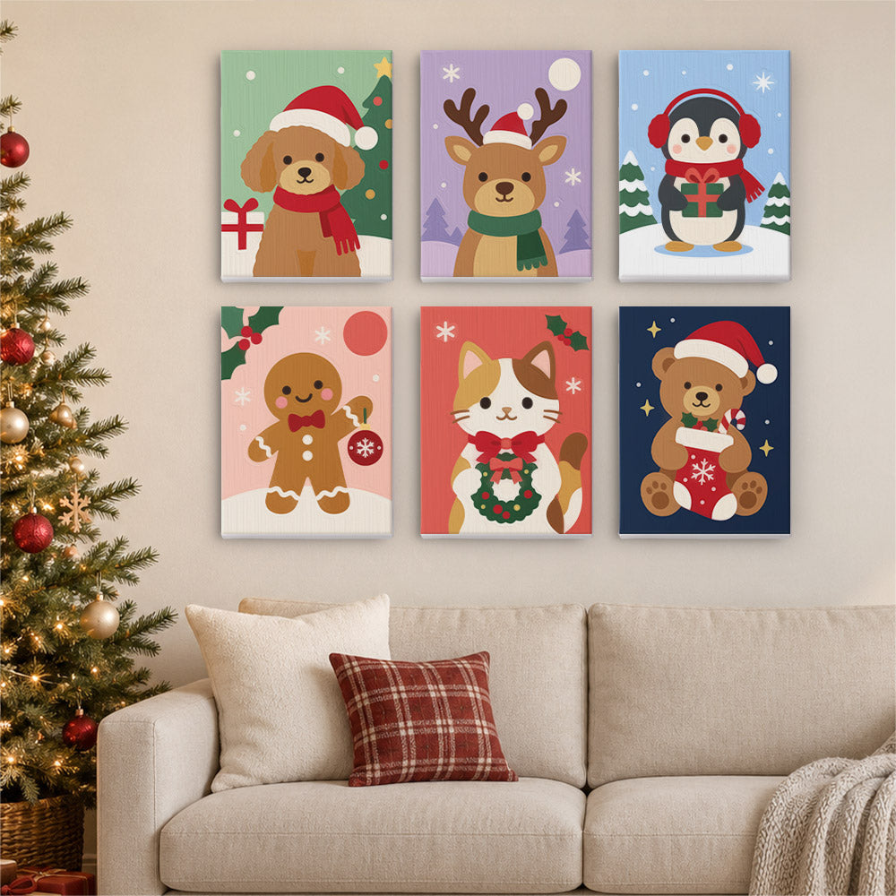 Santa Hat Puppy and Calico Cat (Mini Paint by Numbers)