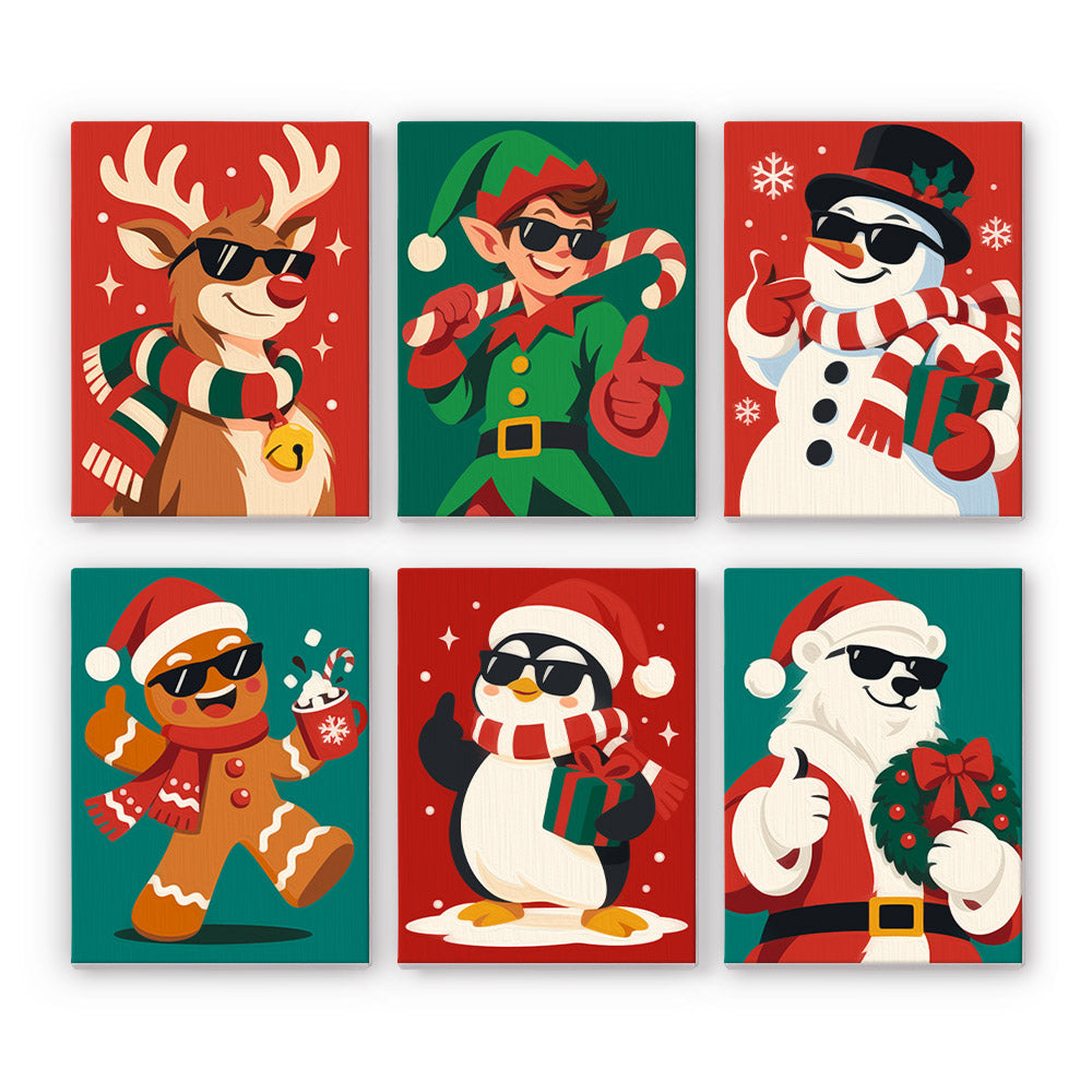 Cool Christmas Crew in Shades mini paint by numbers – Reindeer, elf, top-hat snowman, gingerbread man, penguin and polar bear Santa in sunglasses on red and teal