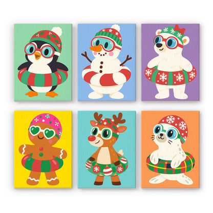 Snowman and Penguin Pool Party mini paint by numbers – Penguin, snowman, polar bear, gingerbread man, reindeer and seal in swim goggles and striped swim rings