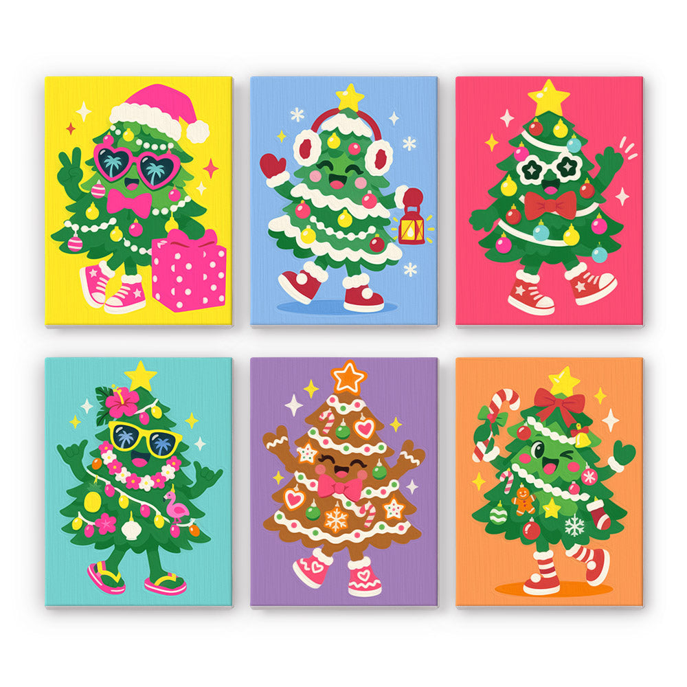 Sneaker-Wearing Christmas Trees mini paint by numbers – Smiling cartoon Christmas trees in sneakers and sunglasses carrying gifts on bright yellow, pink and teal