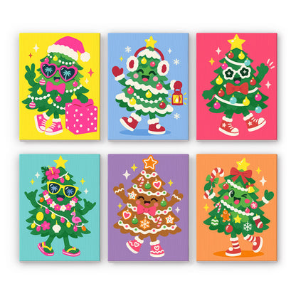 Sneaker-Wearing Christmas Trees mini paint by numbers – Smiling cartoon Christmas trees in sneakers and sunglasses carrying gifts on bright yellow, pink and teal