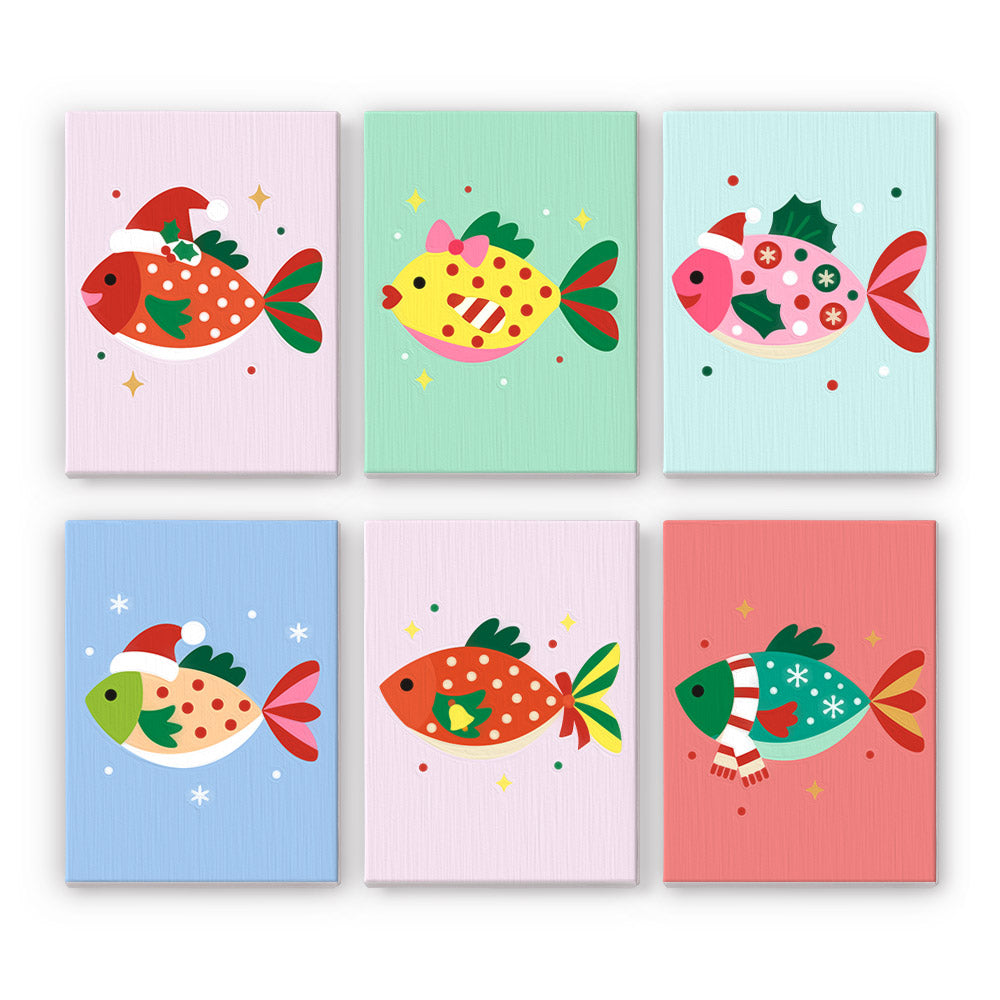 Festive Fish in Santa Hats mini paint by numbers – Bright polka-dot tropical fish wearing Santa hats and holly sprigs on pastel backgrounds