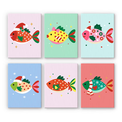 Festive Fish in Santa Hats mini paint by numbers – Bright polka-dot tropical fish wearing Santa hats and holly sprigs on pastel backgrounds