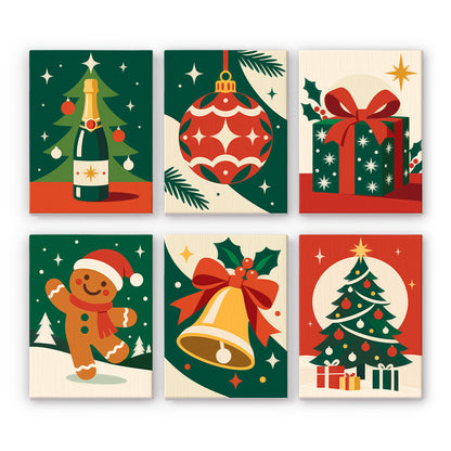 Retro Red Bells and Gingerbread mini paint by numbers – Mid-century style sparkling wine, bauble, gift, gingerbread man, bell and tree in red, green and cream
