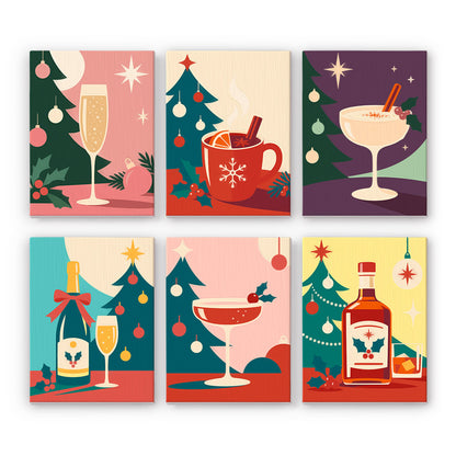 Cocktail Hour by the Tree mini paint by numbers – Holiday drinks by Christmas trees: sparkling wine, mulled wine, eggnog, a red cocktail and a liquor bottle