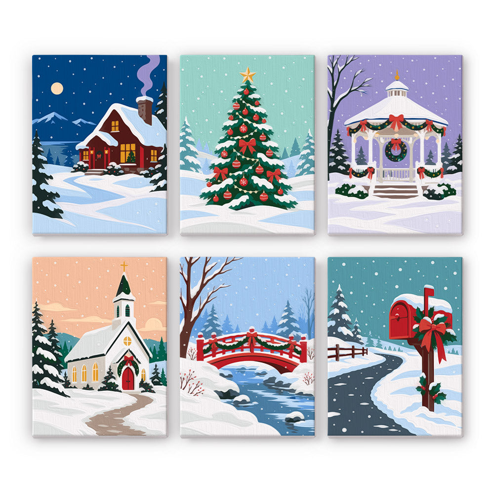 Snowy Village Gazebo and Chapel mini paint by numbers – Snowy village scenes: a lit cabin at night, a decorated tree, wreathed gazebo, white chapel, red bridge and mailbox
