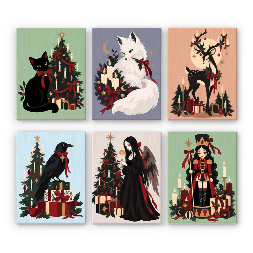 Gothic Christmas Cat and Raven mini paint by numbers – Gothic scenes of a black cat, white fox, stag, raven on gifts, a winged lady in black and a dark nutcracker